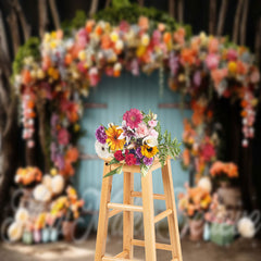 Lofaris Floral Eggs Sticks Blue Wood Door Photo Backdrop