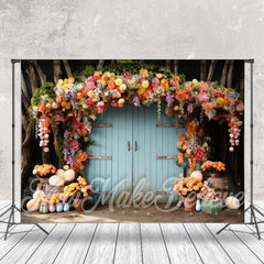 Lofaris Floral Eggs Sticks Blue Wood Door Photo Backdrop