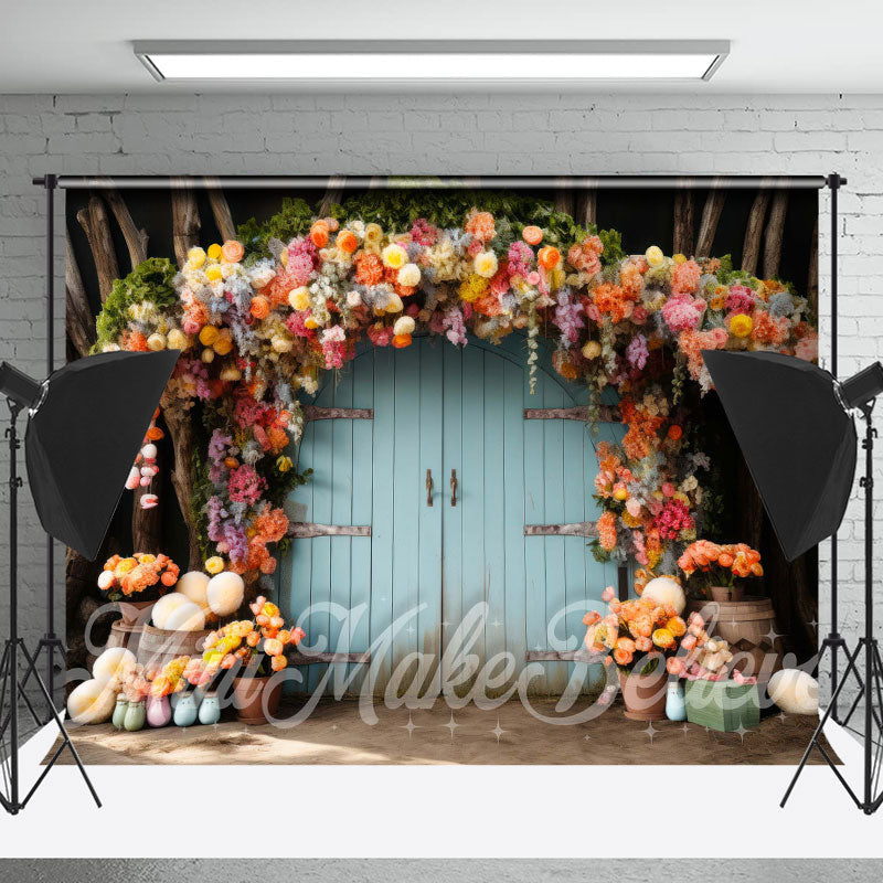 Lofaris Floral Eggs Sticks Blue Wood Door Photo Backdrop