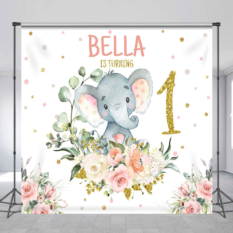 Lofaris Floral Elephant Custom Name 1st Birthday Backdrop