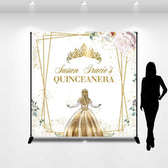 Lofaris Floral Gold Crown Custom Name Quinceanera Backdrop