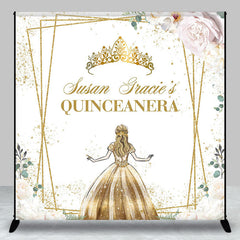 Lofaris Floral Gold Crown Custom Name Quinceanera Backdrop