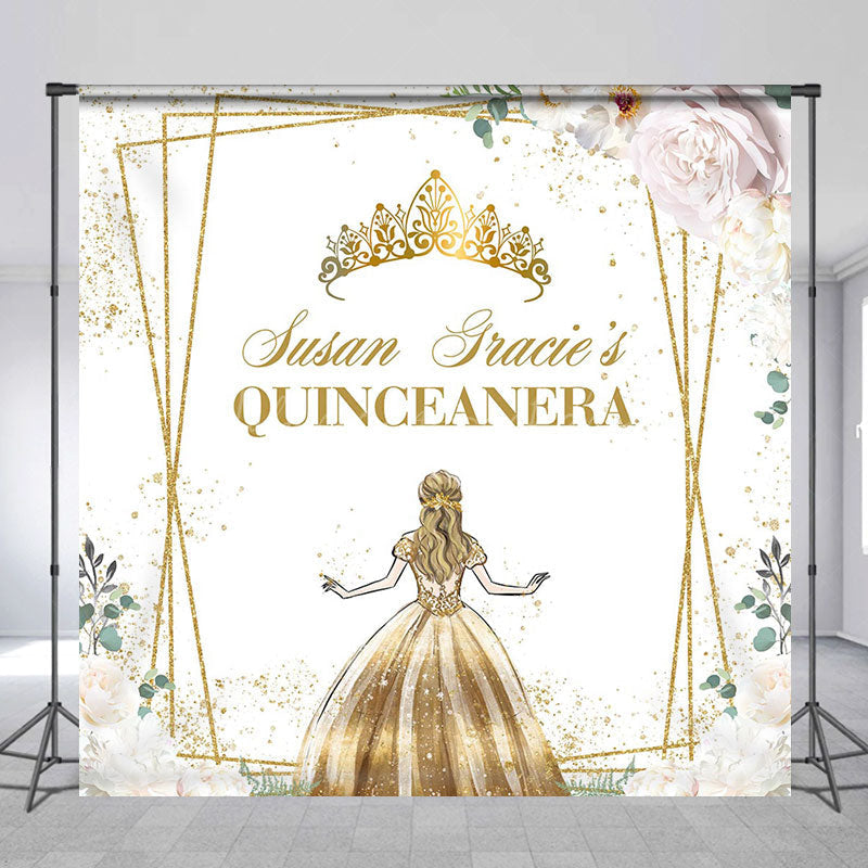 Lofaris Floral Gold Crown Custom Name Quinceanera Backdrop