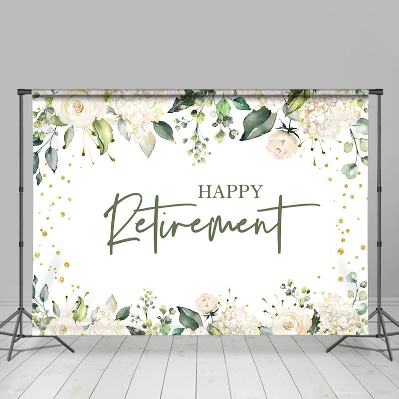 Lofaris Floral Gold Glitter White Happy Retirement Backdrop