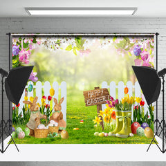 Lofaris Floral Grassland Eggs Fence Bokeh Easter Backdrop