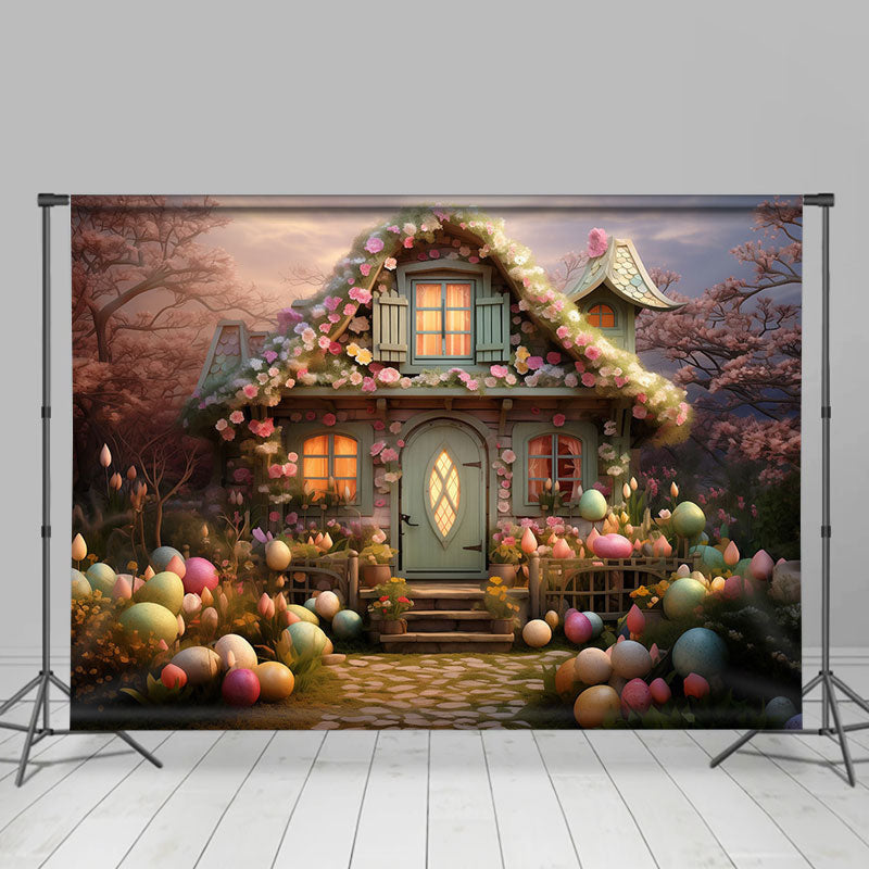 Lofaris Floral House Colorful Eggs Cartoon Easter Backdrop