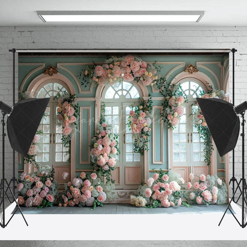 Lofaris Floral Leaf Green Pink Window Wedding Photo Backdrop