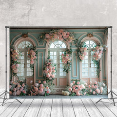 Lofaris Floral Leaf Green Pink Window Wedding Photo Backdrop