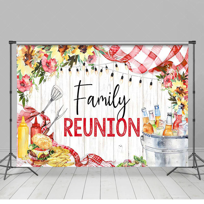 Lofaris Floral Picnic Food Wooden Family Reunion Backdrop