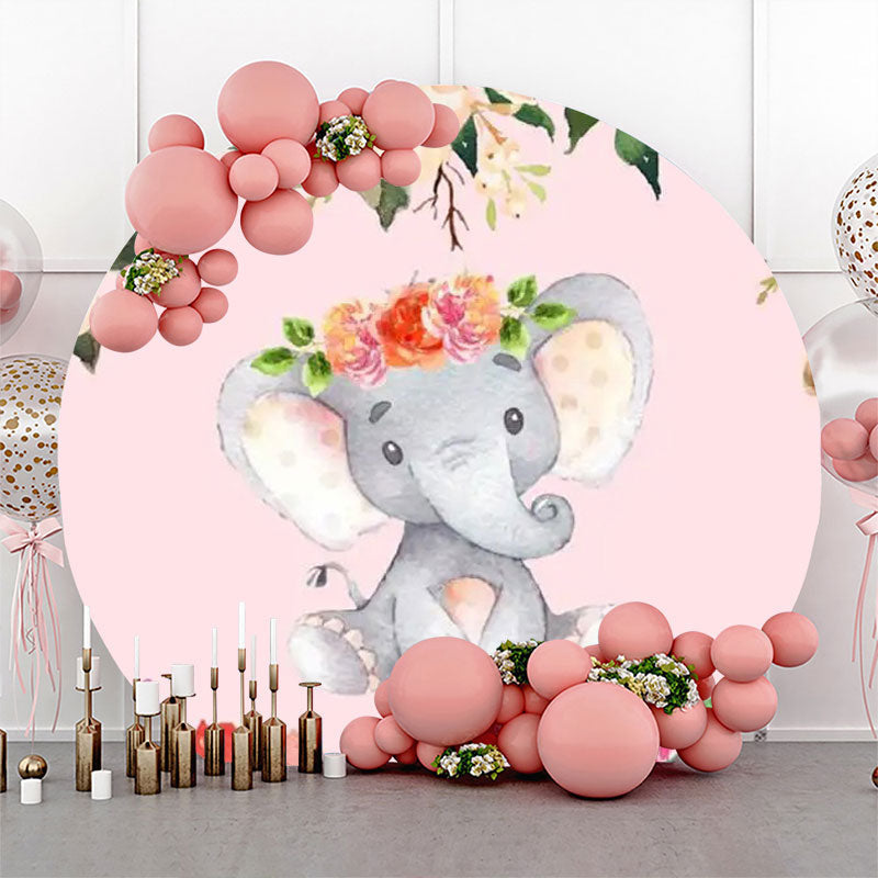 Lofaris Floral Pink Elephant Round Baby Shower Backdrop