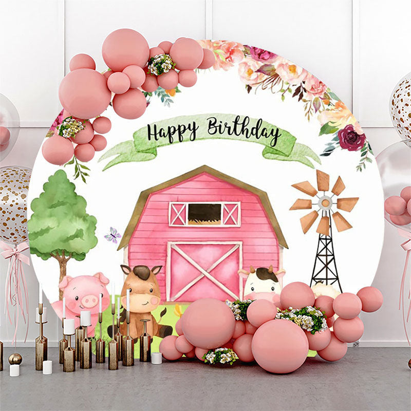 Lofaris Floral Pink Farm Animals Round Birthday Backdrop