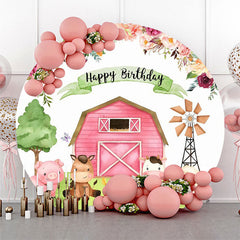 Lofaris Floral Pink Farm Animals Round Birthday Backdrop