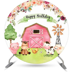 Lofaris Floral Pink Farm Animals Round Birthday Backdrop