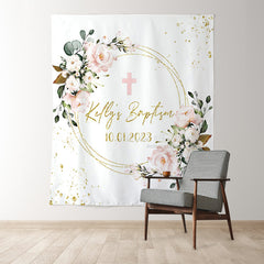 Lofaris Floral Pink Glitter Gold Cross Theme Wedding Backdrop