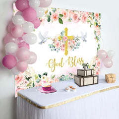 Lofaris Floral Pink God Bless Girl Baptism Backdrop