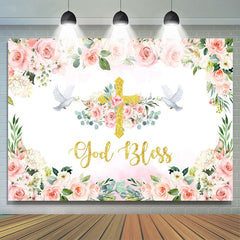 Lofaris Floral Pink God Bless Girl Baptism Backdrop