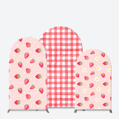 Lofaris Floral Pink White Strawberry Plaid Arch Backdrop Kit