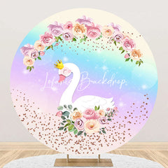 Lofaris Floral Rainbow Sparkle Swan Round Birthday Backdrop