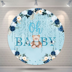 Lofaris Floral Teddy Bear Blue Baby Shower Round Backdrop