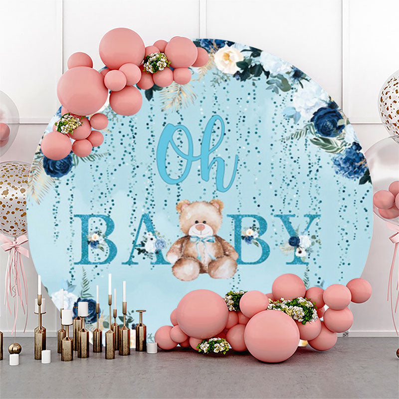 Lofaris Floral Teddy Bear Blue Baby Shower Round Backdrop