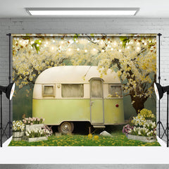 Lofaris Floral Tree Vintage Car Green Grass Spring Backdrop