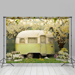 Lofaris Floral Tree Vintage Car Green Grass Spring Backdrop