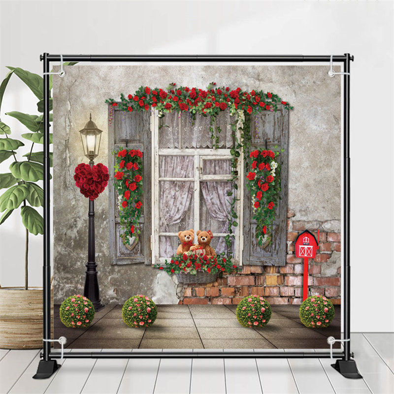 Lofaris Floral Window Brick Wall Valentines Day Backdrop