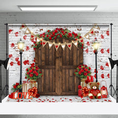 Lofaris Floral Wood Door Brick Wall Valentines Day Backdrop