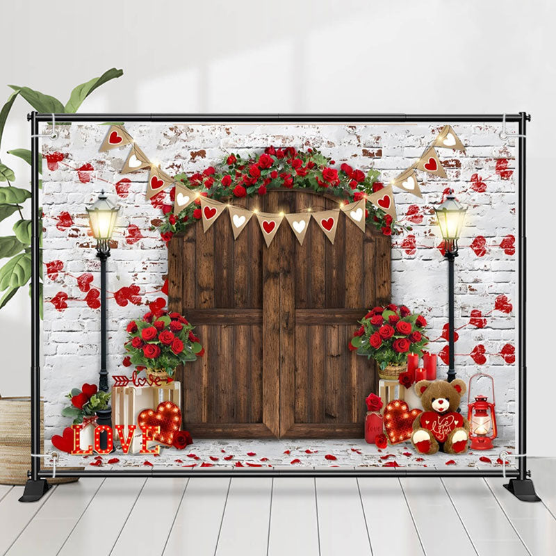 Lofaris Floral Wood Door Brick Wall Valentines Day Backdrop