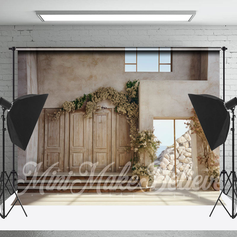 Lofaris Floral Wood Door Photography Retro Wall Backdrop