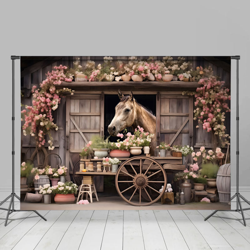 Lofaris Floral Wooden Wheel Farm House Horse Spring Backdrop