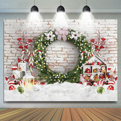Lofaris Floral Wreath Cloud Brick Wall Christmas Backdrop