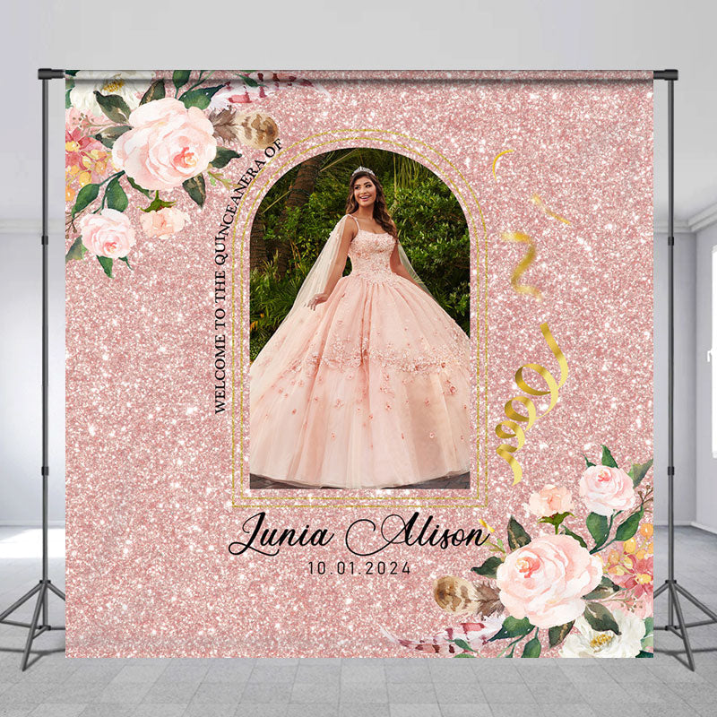 Flower Pink Quinceanera Personalized Photo Backdrop - Lofaris