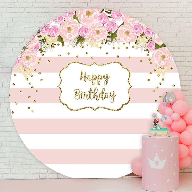 Flower Pink Stripes Happy Birthday Round Backdrop – Lofaris