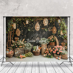 Lofaris Flowers Lanterns Black Wall Birthday Photo Backdrop