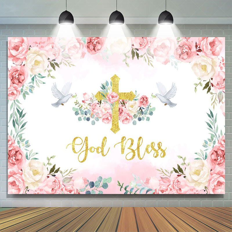 Lofaris Flowers Pigeon God Bless Girls Baptism Backdrop