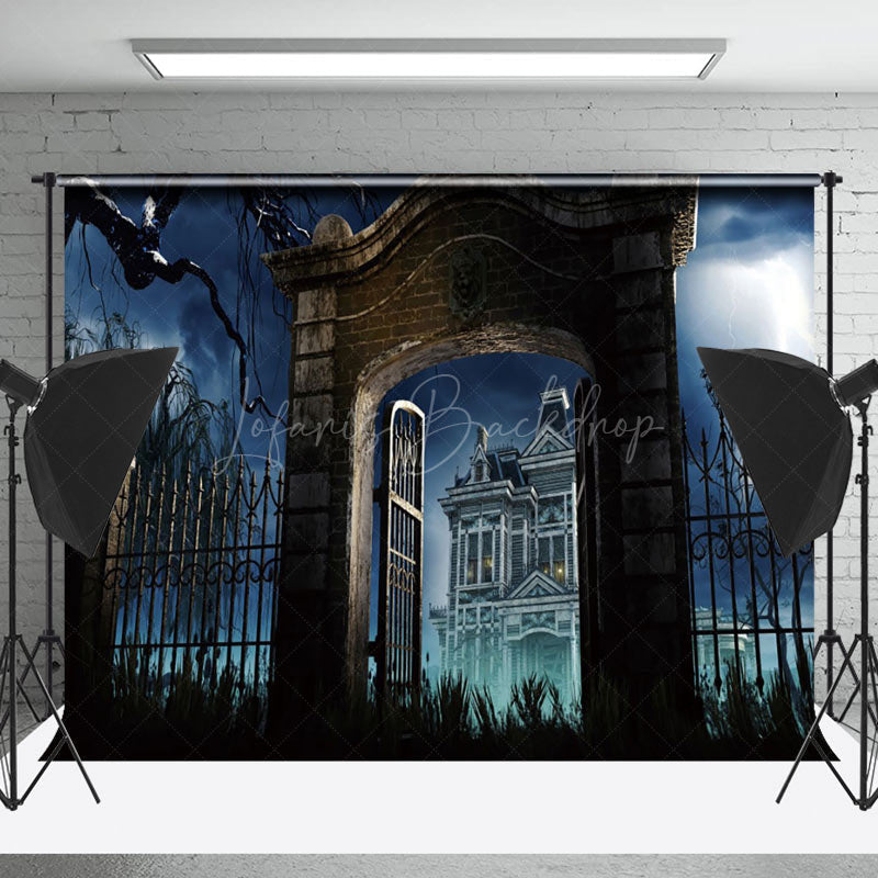 Lofaris Foggy Villa Railing Scary Night Halloween Backdrop