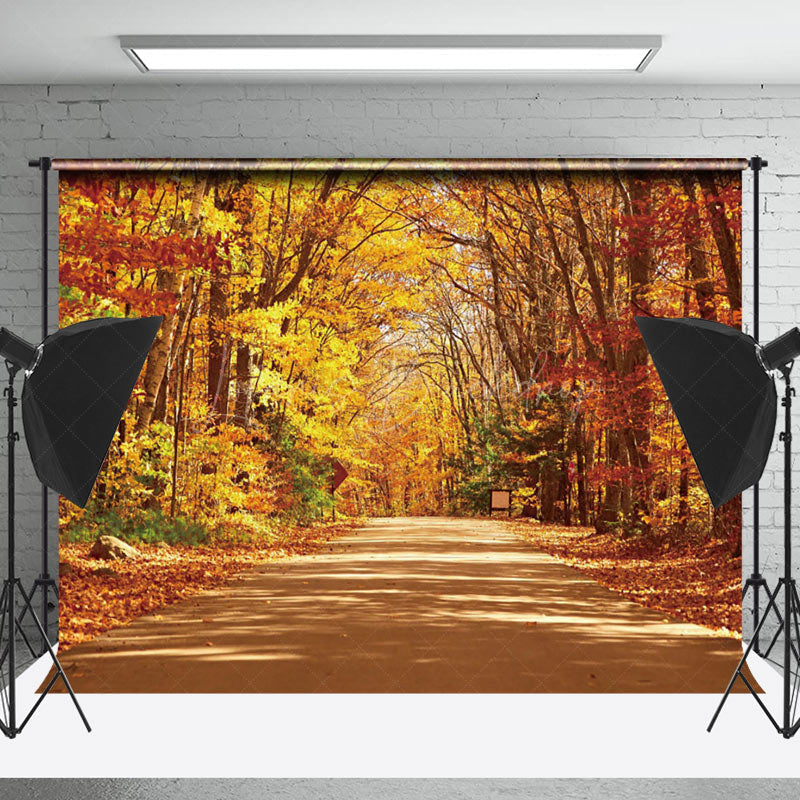 Lofaris Forest Road Yello Leaves Fall Photography Backdrop