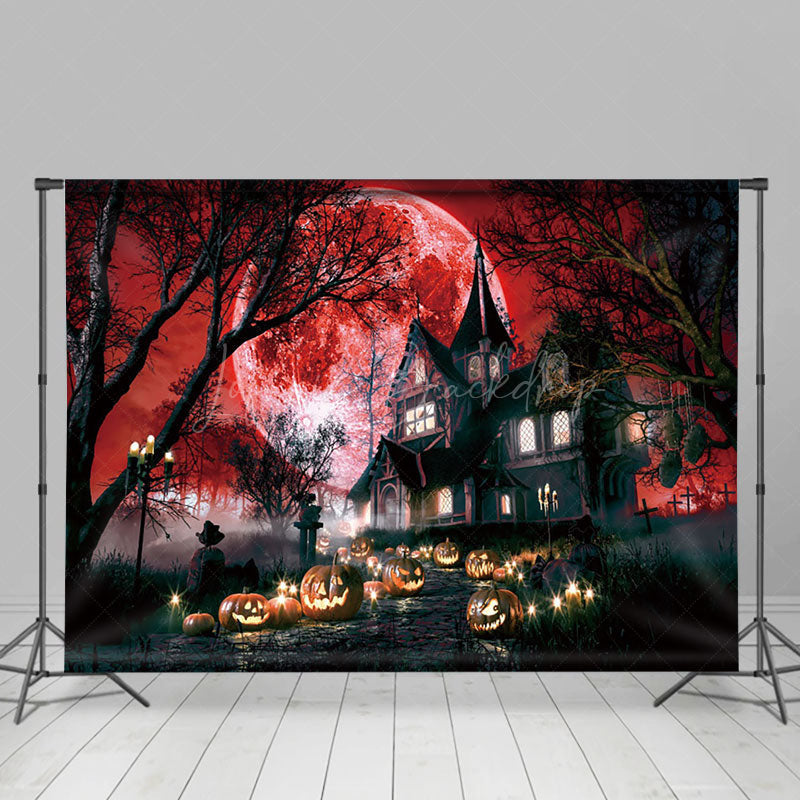 Lofaris Forest Villa Pumpkin Red Bloody Moon Halloween Backdrop