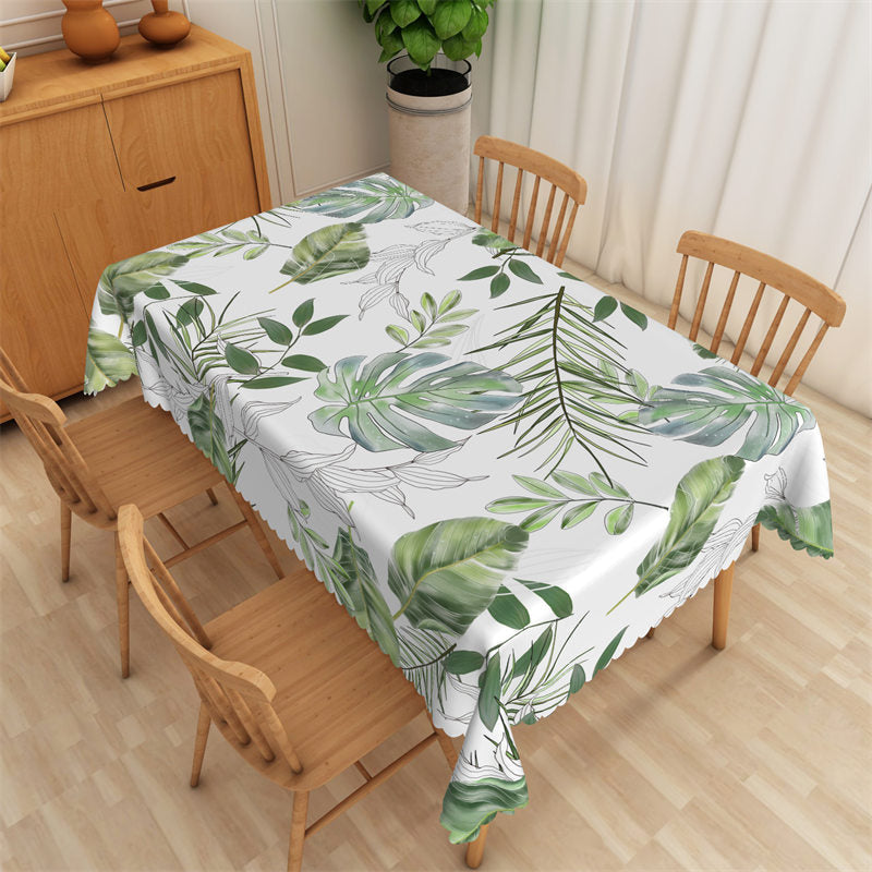 Lofaris Fresh Green Leaves Spring White Rectangle Tablecloth