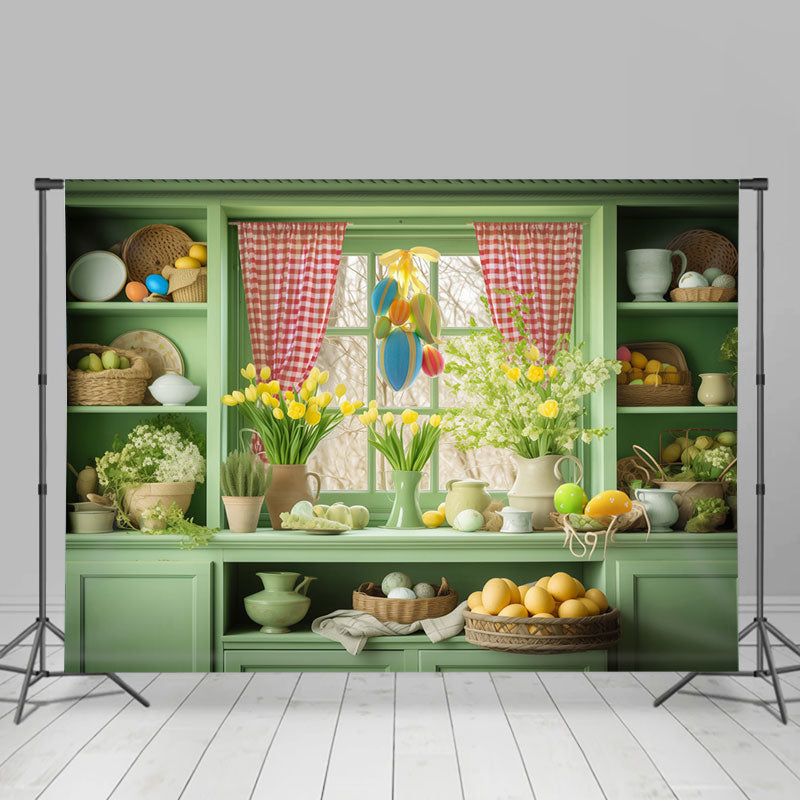 Lofaris Fresh Green Shelf Window Floral Eggs Easter Backdrop