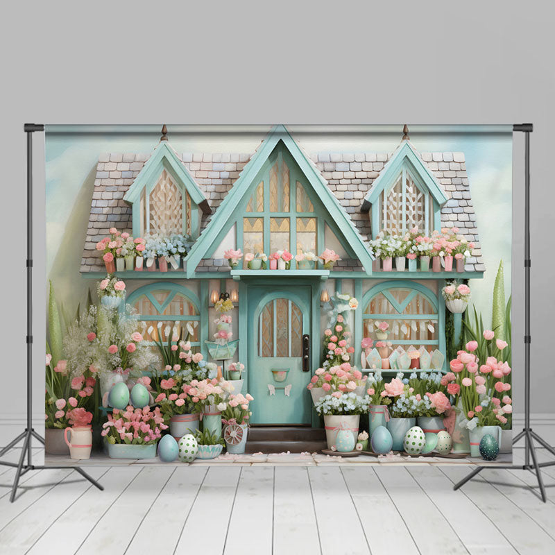 Lofaris Fresh Pink Flowers Eggs Blue House Easter Backdrop