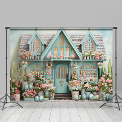 Lofaris Fresh Pink Flowers Eggs Blue House Easter Backdrop