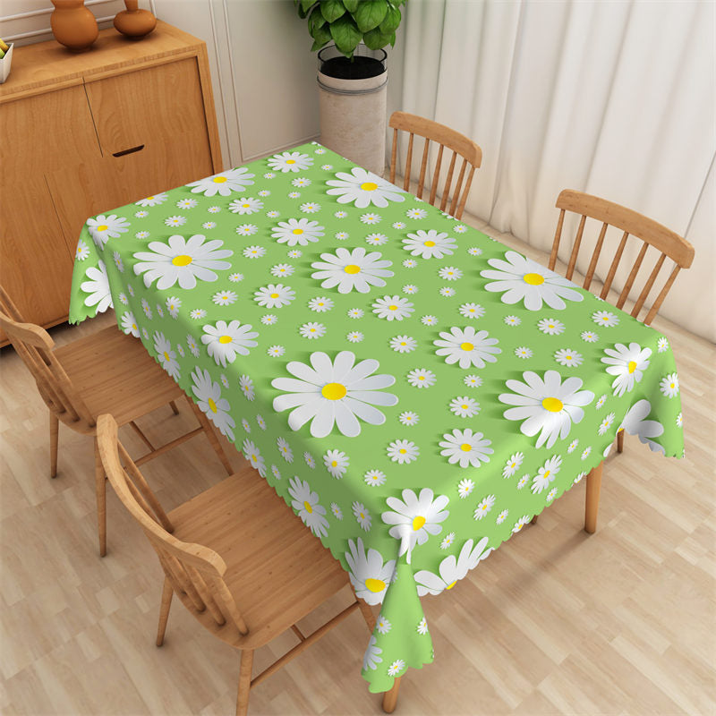 Lofaris Fresh White Wildflowers Pattern Green Tablecloth