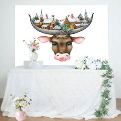 Lofaris Funny Cow Head Snowtown White Birthday Backdrop