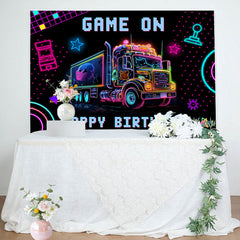 Lofaris Game On Neon Truck Cyberpunk Happy Birthday Backdrop