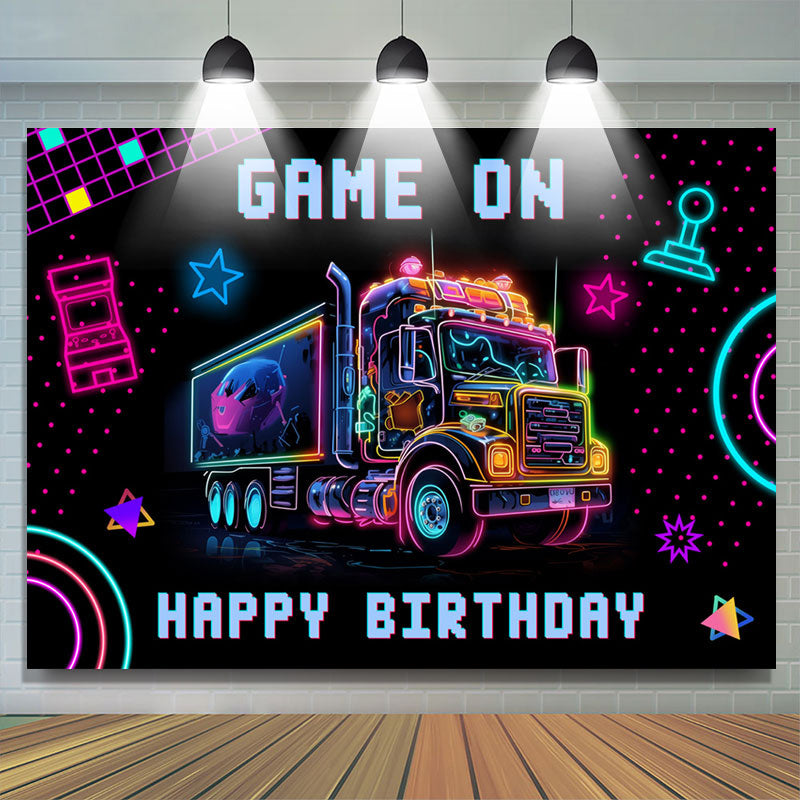 Lofaris Game On Neon Truck Cyberpunk Happy Birthday Backdrop