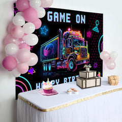 Lofaris Game On Neon Truck Cyberpunk Happy Birthday Backdrop