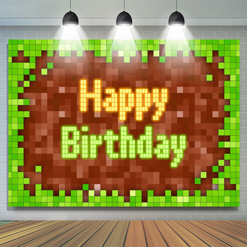 Lofaris Game Pixel Green Brown Boy Happy Birthday Backdrop