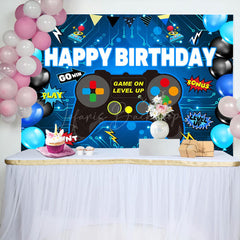 Lofaris Gamepad Blue Black Balloon Happy Birthday Backdrop